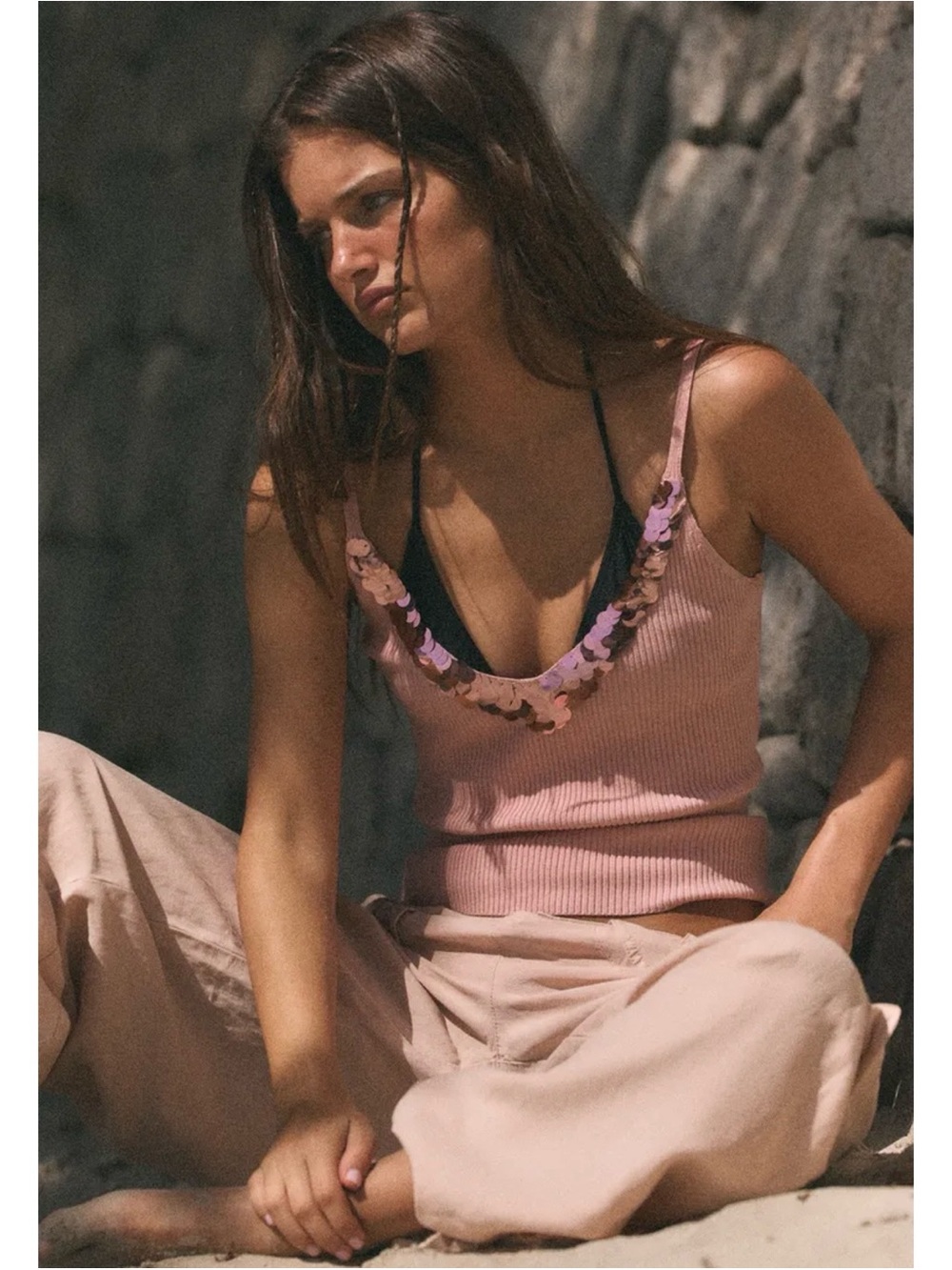 Zara Ribbed V-Neck Sequin-Trim Tank Top in Dusty Pink - Picture 5 of 7